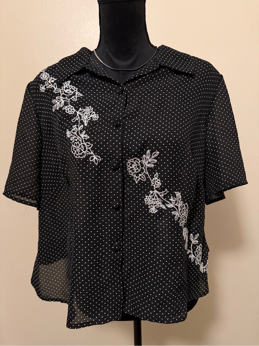 Black Polka Dot Button-Front Blouse with White Floral Embroidery